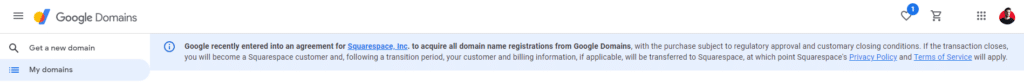Notification of Google Domains selling out to Squarespace