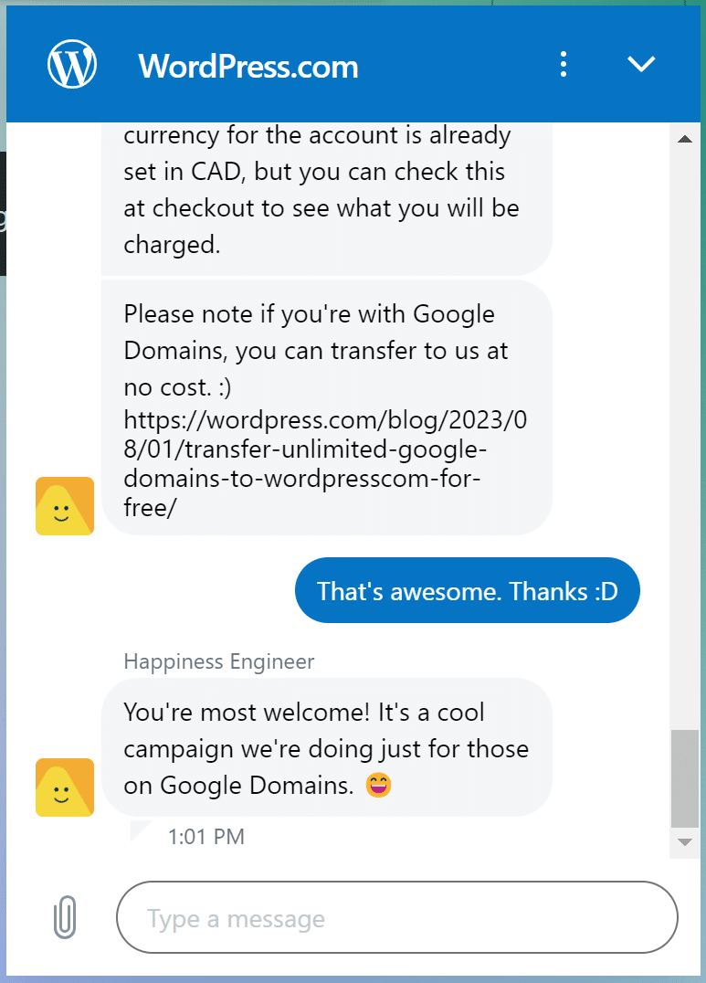 WordPress Support Confirming Free Transfers from Google Domains