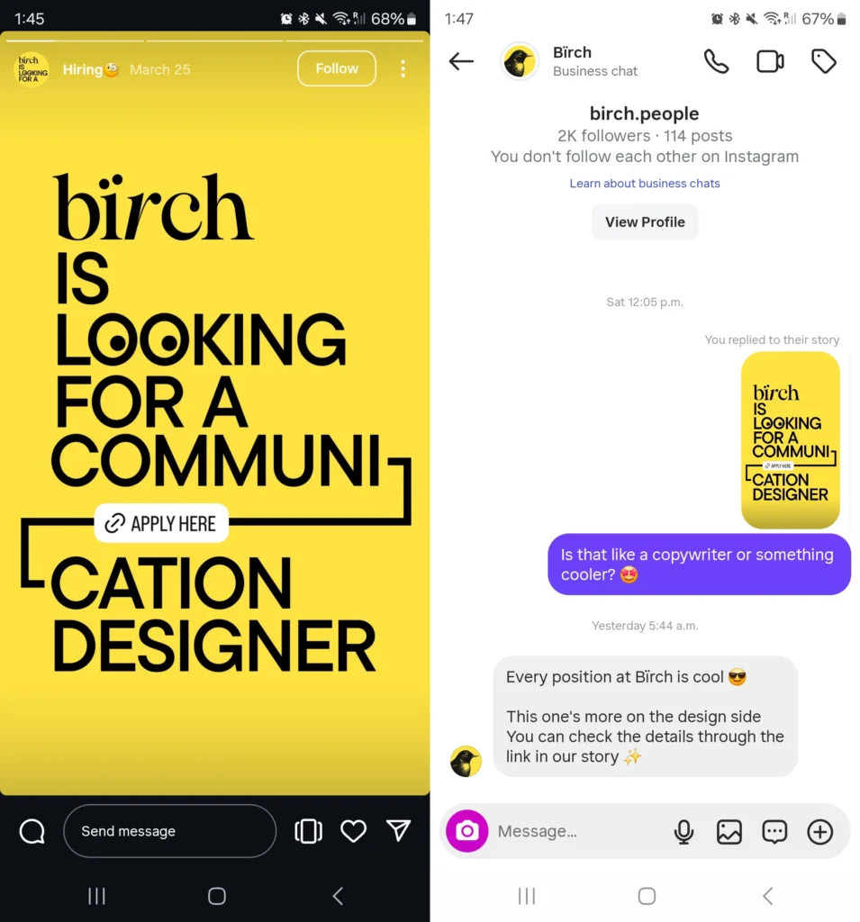 Bïrch Agency's Job Ad on Instagram